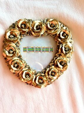 Heart-Shaped Floral Frame in Gold with hand stitched cross stitch message